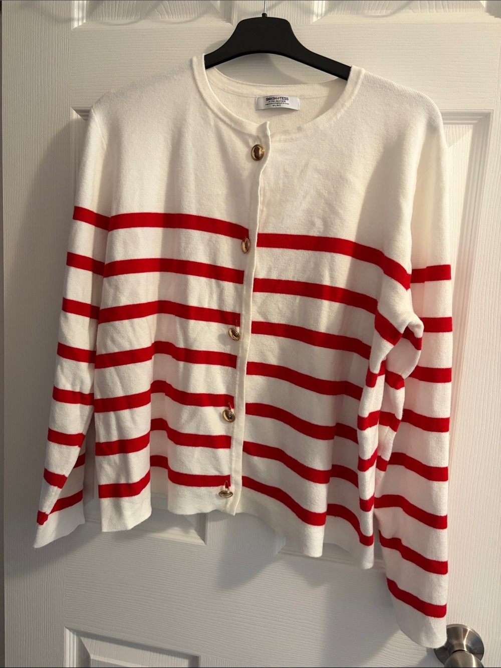 Smash + Tess White Sweater with Red Stripes and Gold Buttons